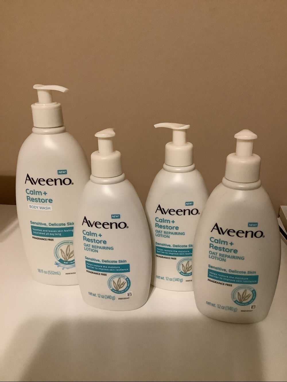Aveeno 3x12oz. Calm + Restore Oat Repairing Lotion.& 18oz Body Wash. New